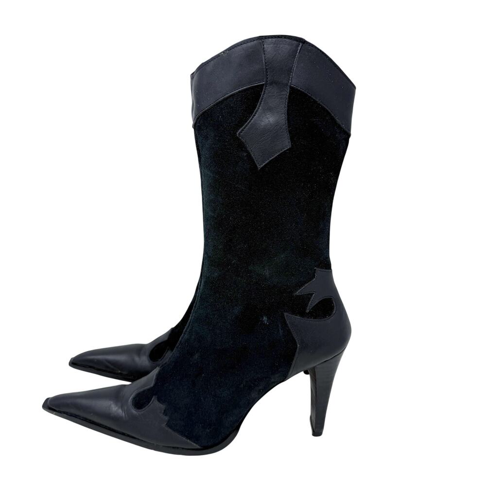 Vintage Y2K Motty Black Leather & Suede Western High Heel Boots Sz 8.5 Side Zip - Picture 3 of 9